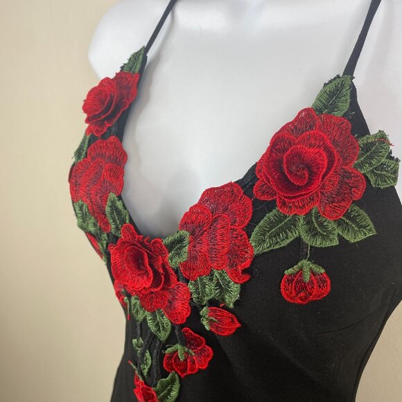 Vintage 90s Vampy Slip Dress Small 3D Floral Gothic Rose Bodycon Party Cocktail - Picture 6 of 11
